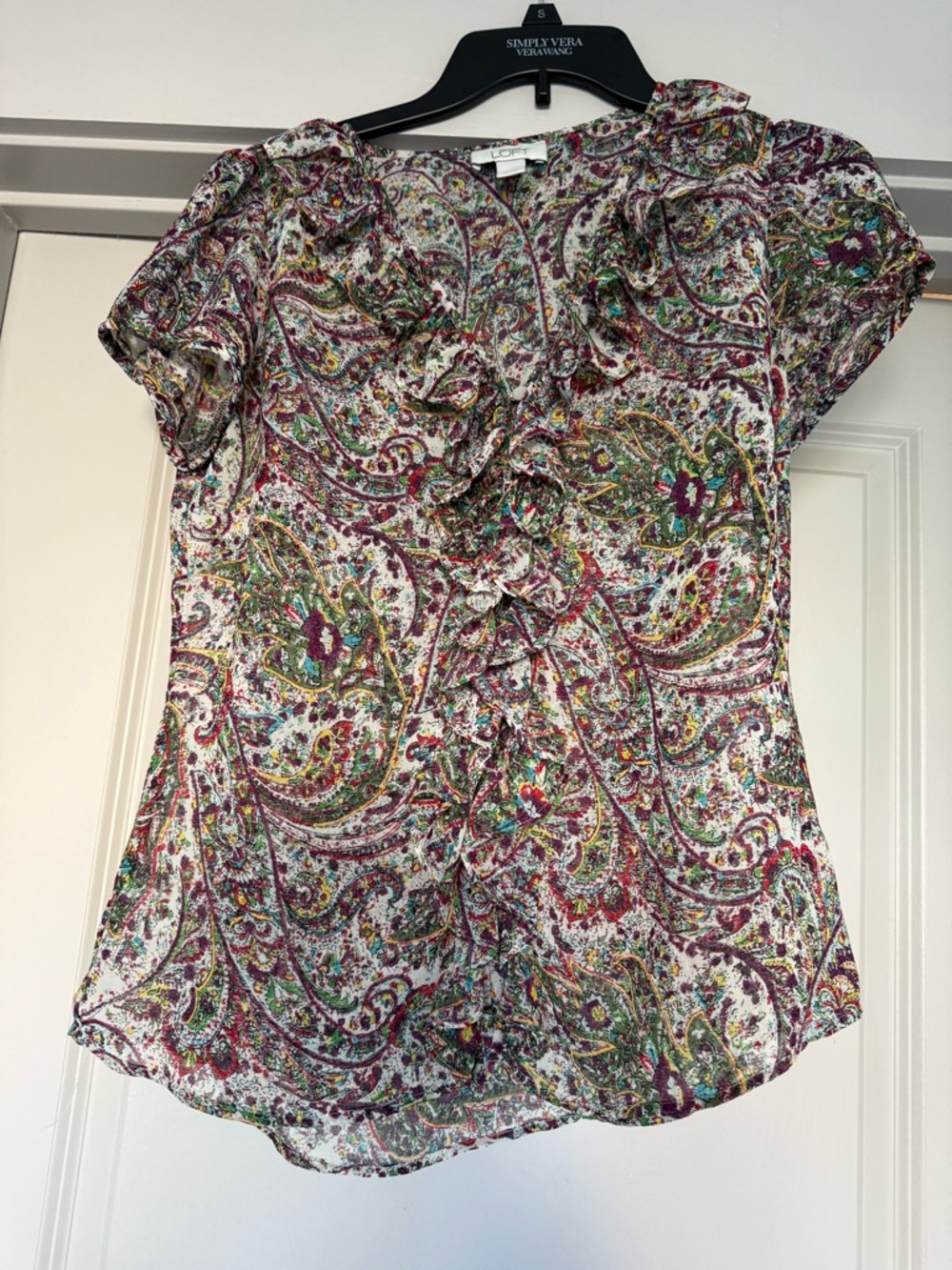 Vintage Loft Womens Paisley Ruffle Button-Front Top in Multicolor